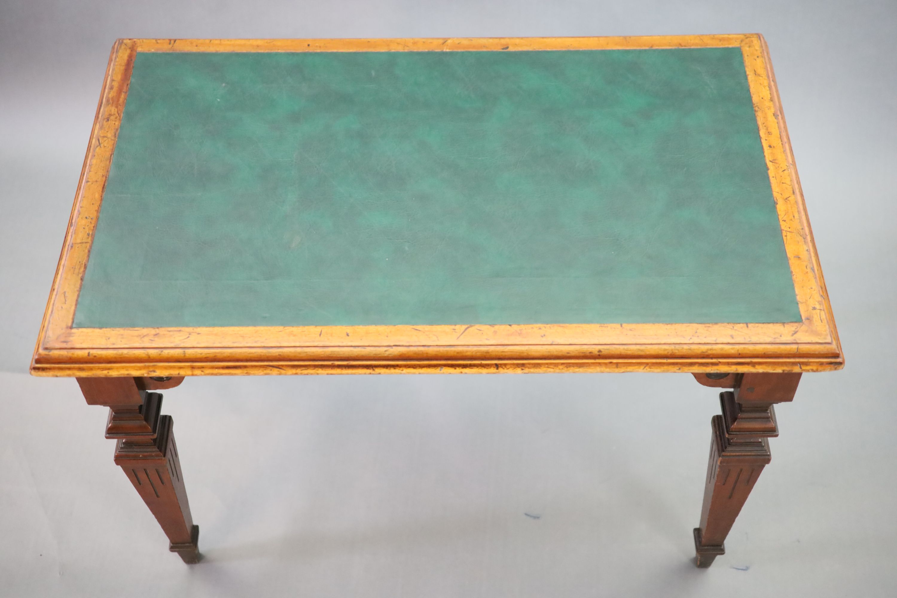 A Victorian mahogany library table, supplied by Sage & Co. Shopfitters of London, W.113cm D.69cm H.78cm